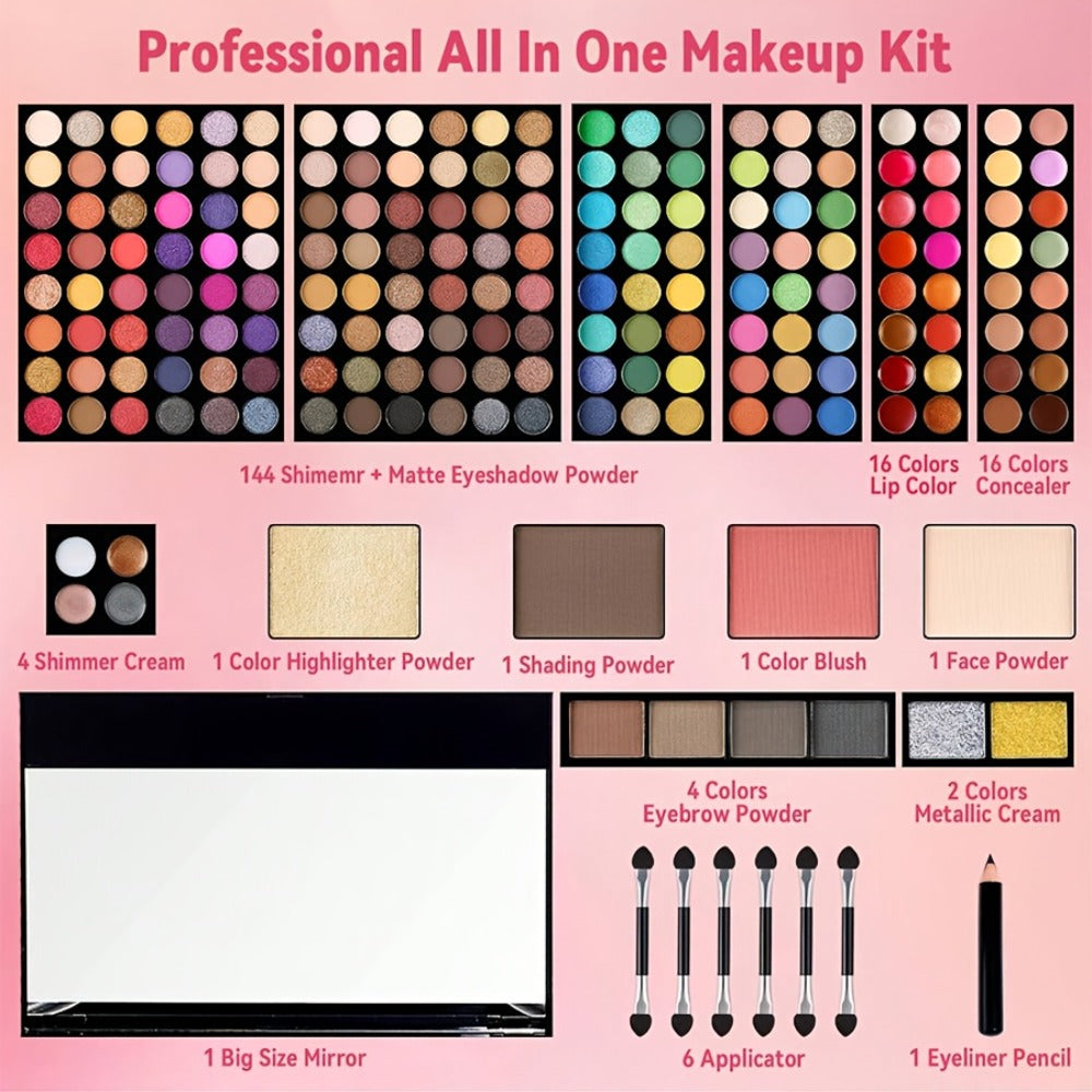 Makeup Palette Kit 190 Colors 4-in-1 Full Face Set – Eyeshadow Blush Powder & Eyebrow with 8 Professional Brushes & Mirror, Shimmer & Matte Shades, Complete Makeup Kit for Women Gi - product image 4