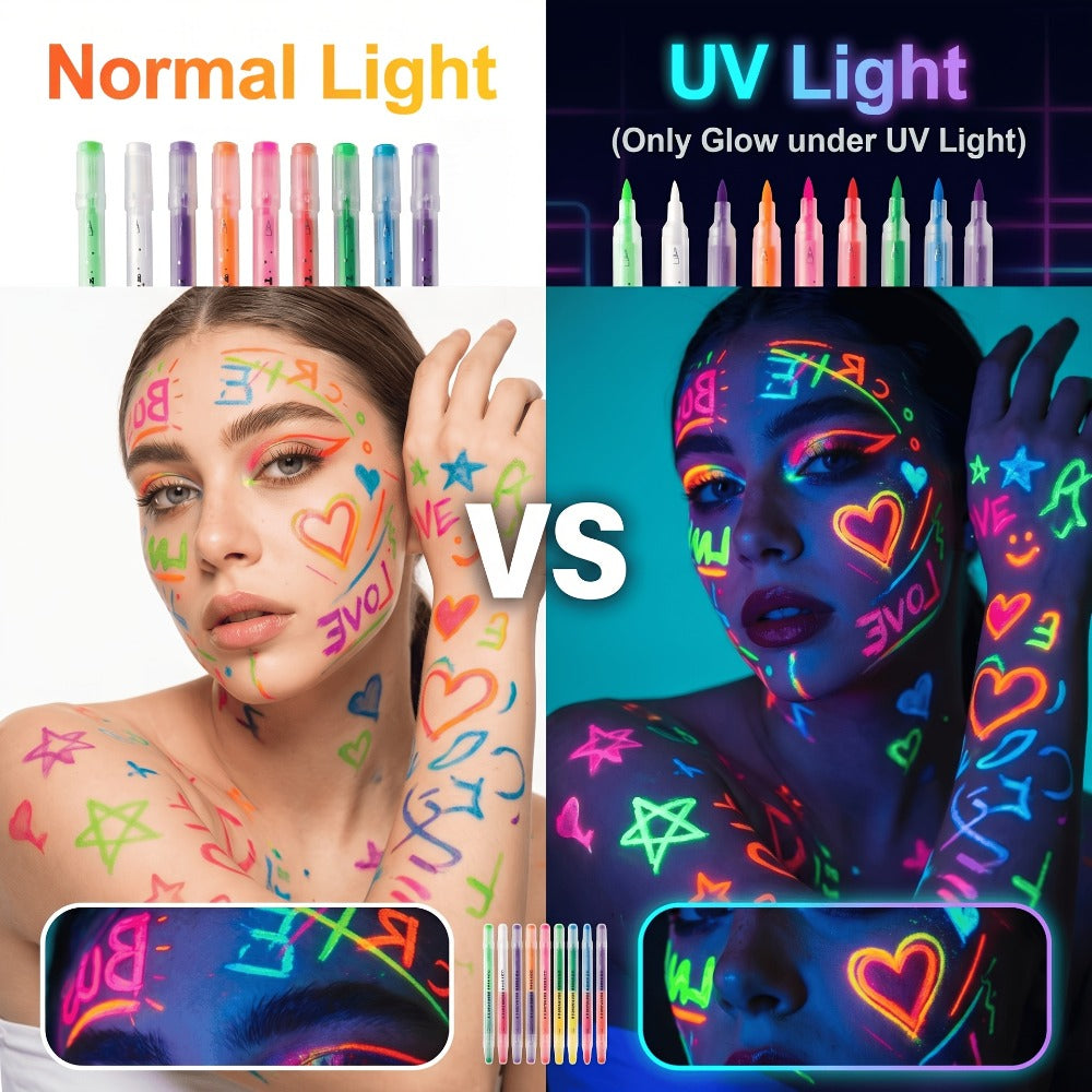 Face Body Paint Pens 18 Colors with Reusable Stencils – Washable Neon Glow in the Dark Skin-Safe Makeup Pens for Kids & Adults Parties Events Magic Shows Halloween Festivals Body A - product image 4