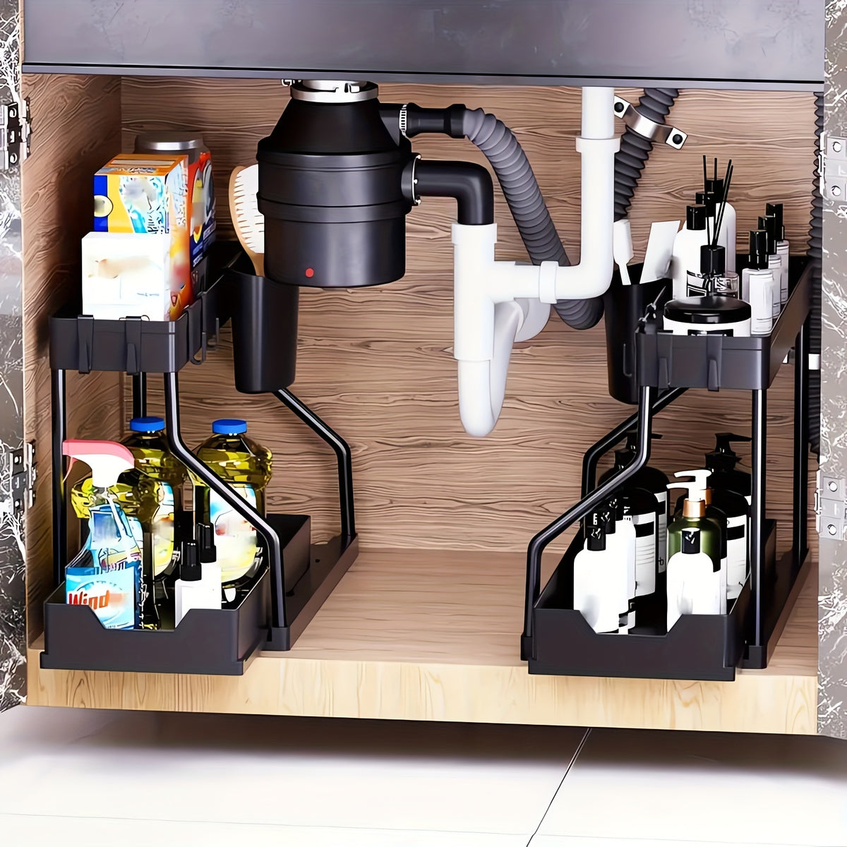2pcs Under Sink Organizer with Sliding Shelves Multi-Purpose Black Plastic Storage Basket for Bathroom and Kitchen Cabinet Durable Construction Bathroom - product image