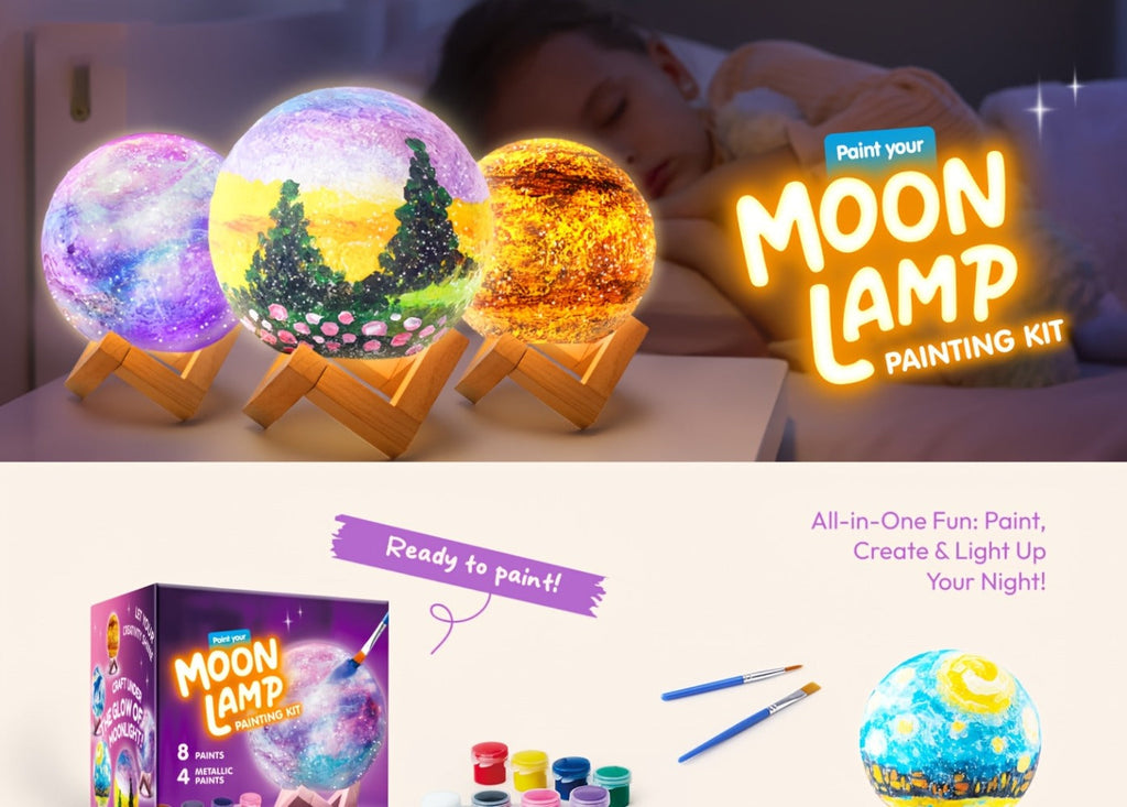 DIY Moon Lamp Craft Kit for Kids Paint Your Own 3D Moon Night Light with 12 Paints 4 Metallic Colors 2 Brushes Wooden Base Arts and Crafts Gift for Girls Boys - product image 9