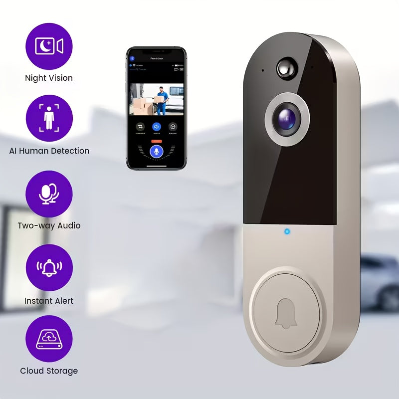 2K Wireless Smart Doorbell, WiFi Camera, Night Vision Function, Artificial Intelligence Snapshot, Rechargeable Battery, Photo and Video Taking, Two-way Intercom, Local Storage