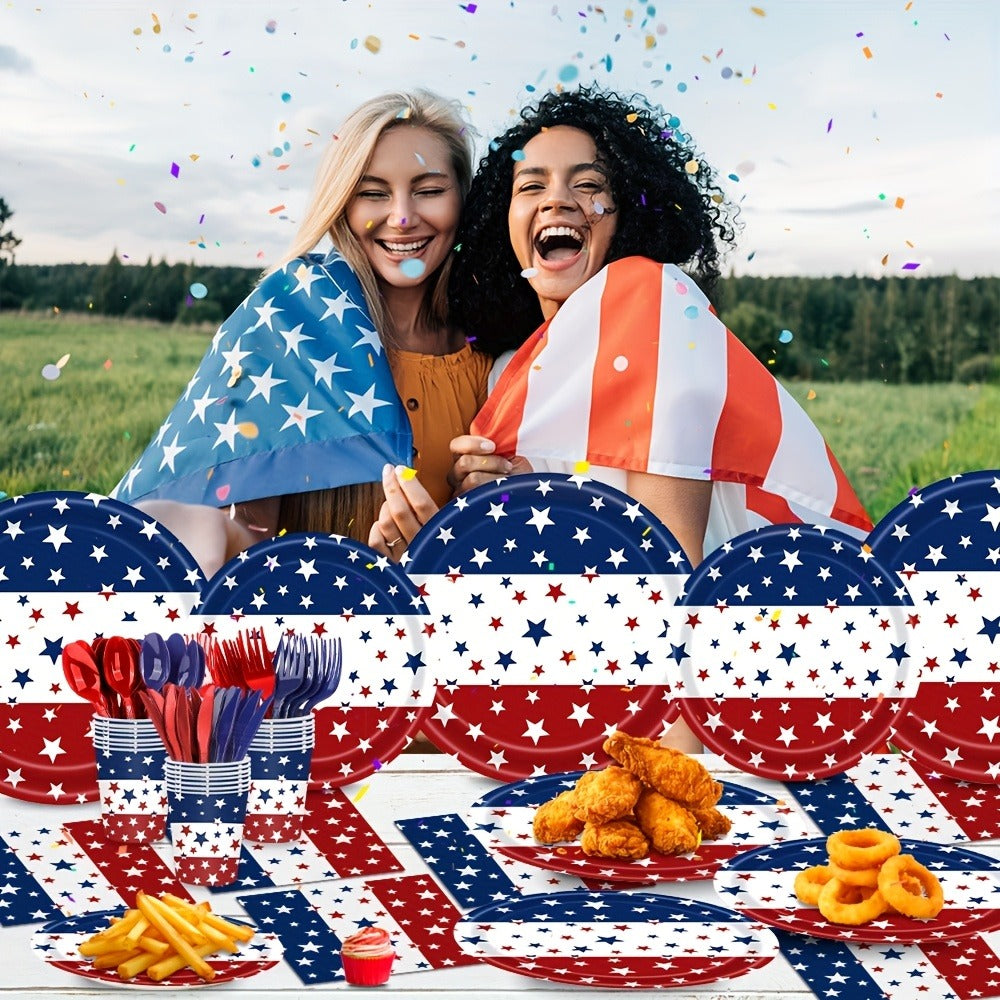 Patriotic Disposable Paper Plates & Napkins for Independence Day BBQ, Memorial Day & Red White Blue Party Decorations Serves 20 Guests – 4th of July Party Supplies 140 Pcs