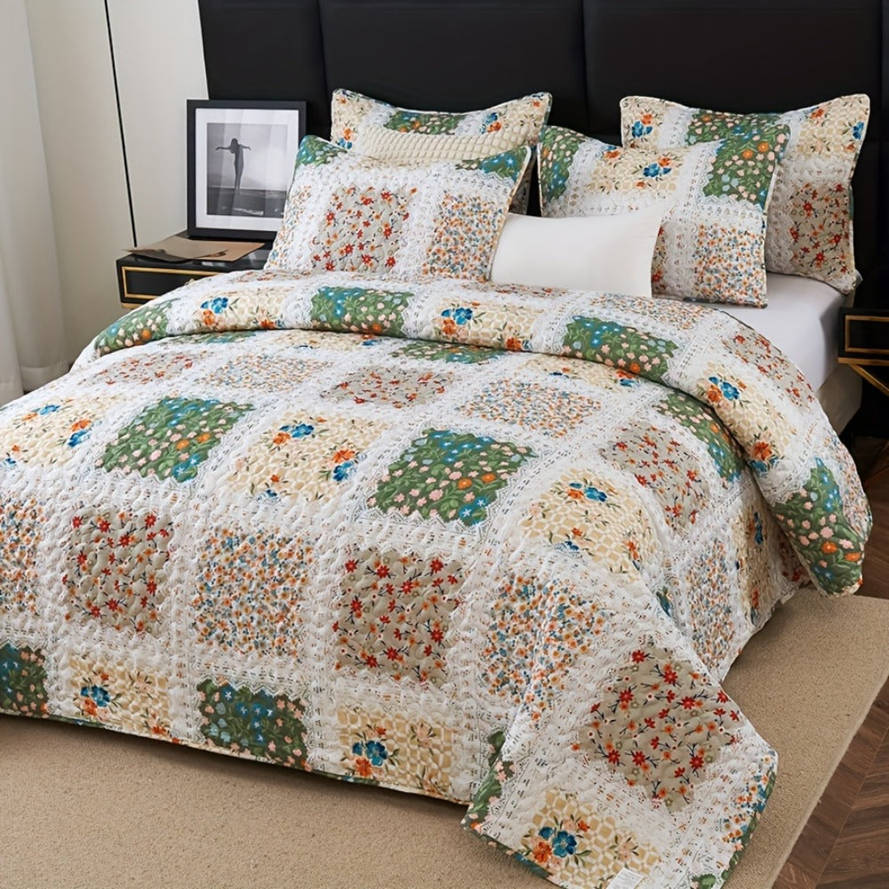 Quilt Set 2 3 Piece Lightweight Floral Patchwork Coverlet Bedding Set with Pillow Shams, Boho Quilted Bedspread for Twin Full Queen King, All Season Soft Cozy Bed Cover Green Blue  - product image