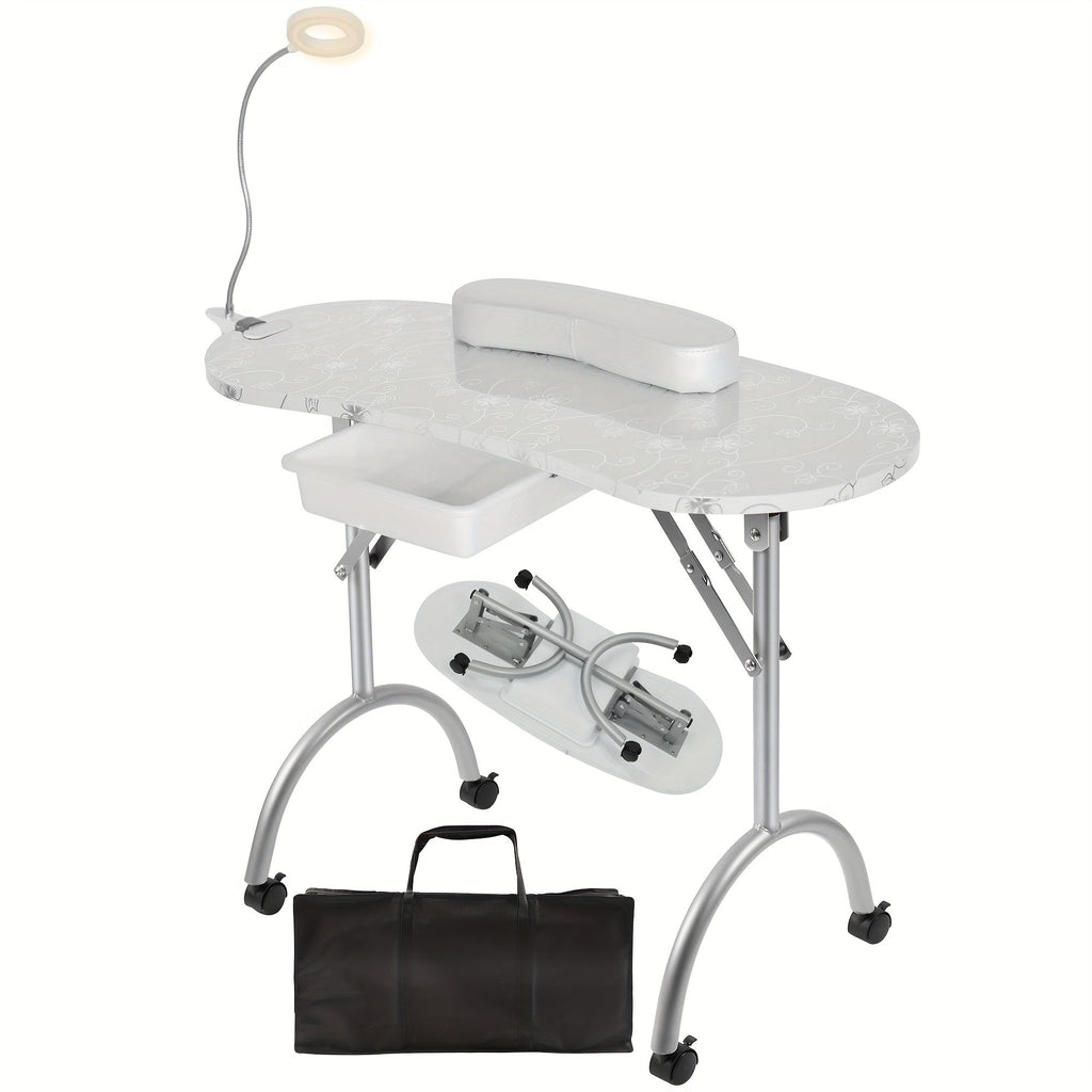 Foldable Nail Table with LED Lamp Drawer Lockable Wheels Wrist Cushion & Carrying Bag – Portable Manicure Station for Nail Salon Technician Home Studio White - product image 22