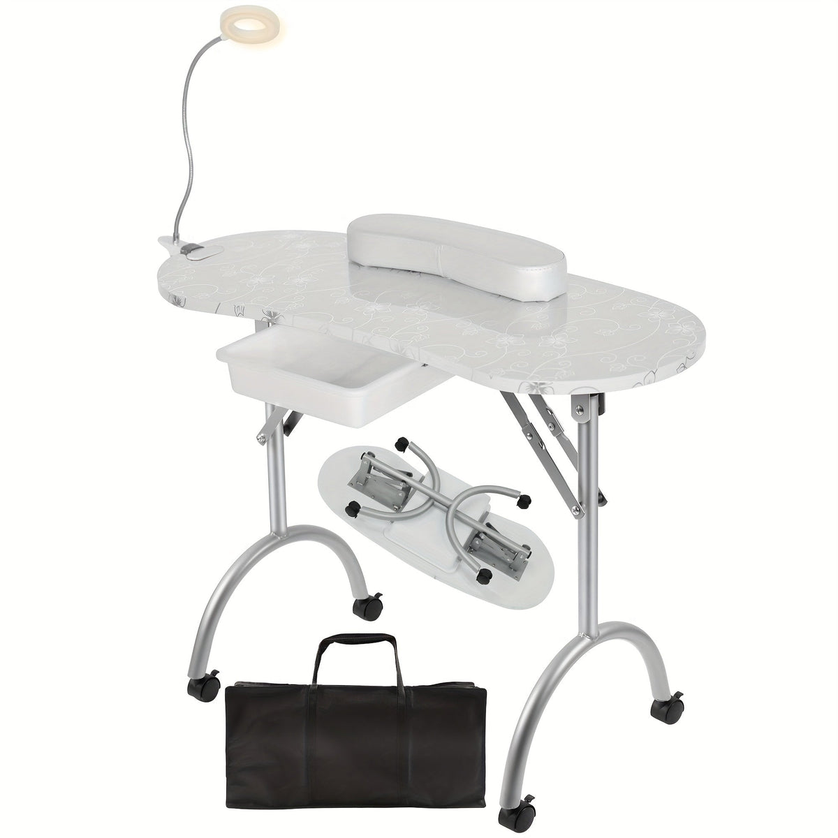 Foldable Nail Table with LED Lamp Drawer Lockable Wheels Wrist Cushion & Carrying Bag – Portable Manicure Station for Nail Salon Technician Home Studio White - product image 22