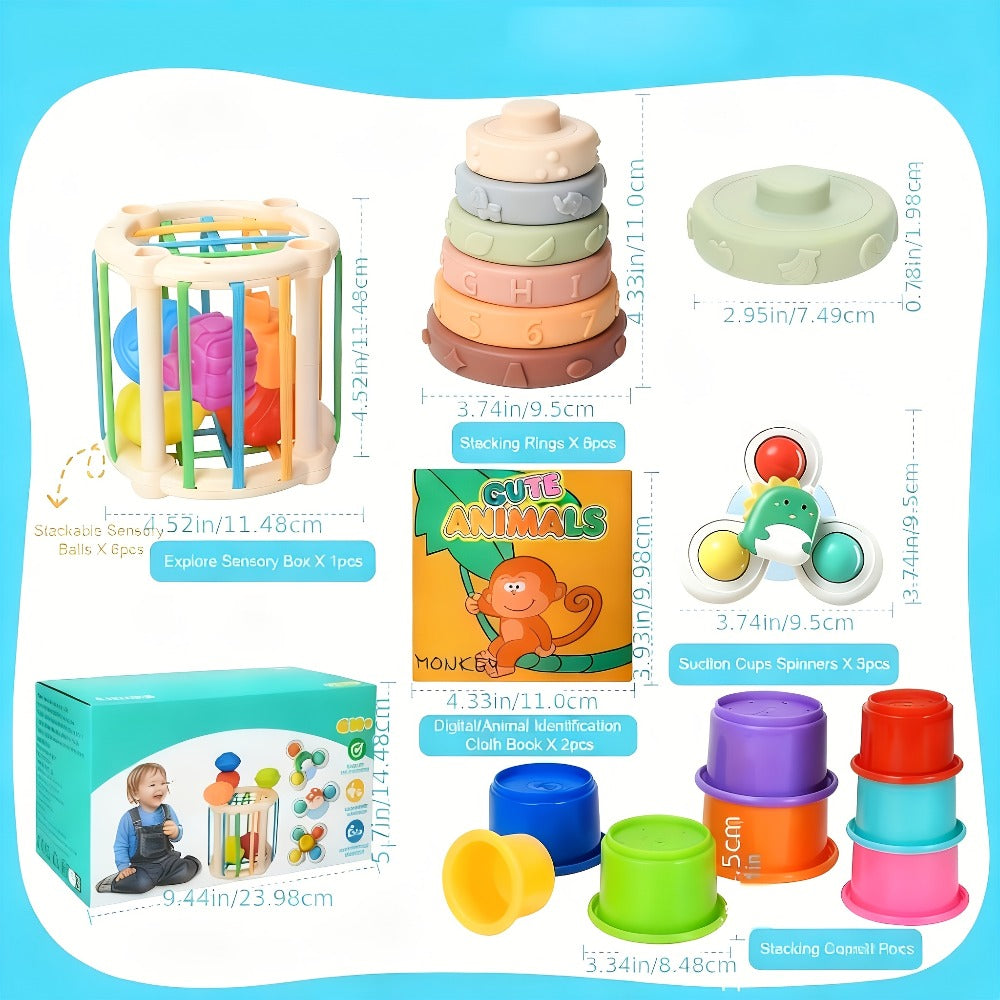 Hand-Eye Coordination & Fine Motor Skills Activity Kit with Soft Cloth Book, Spinning Top & Stacking Cups, Birthday Easter Baby Shower Gift – Sensory Stacking Toy Set 3-in-1 for Toddlers & Babies