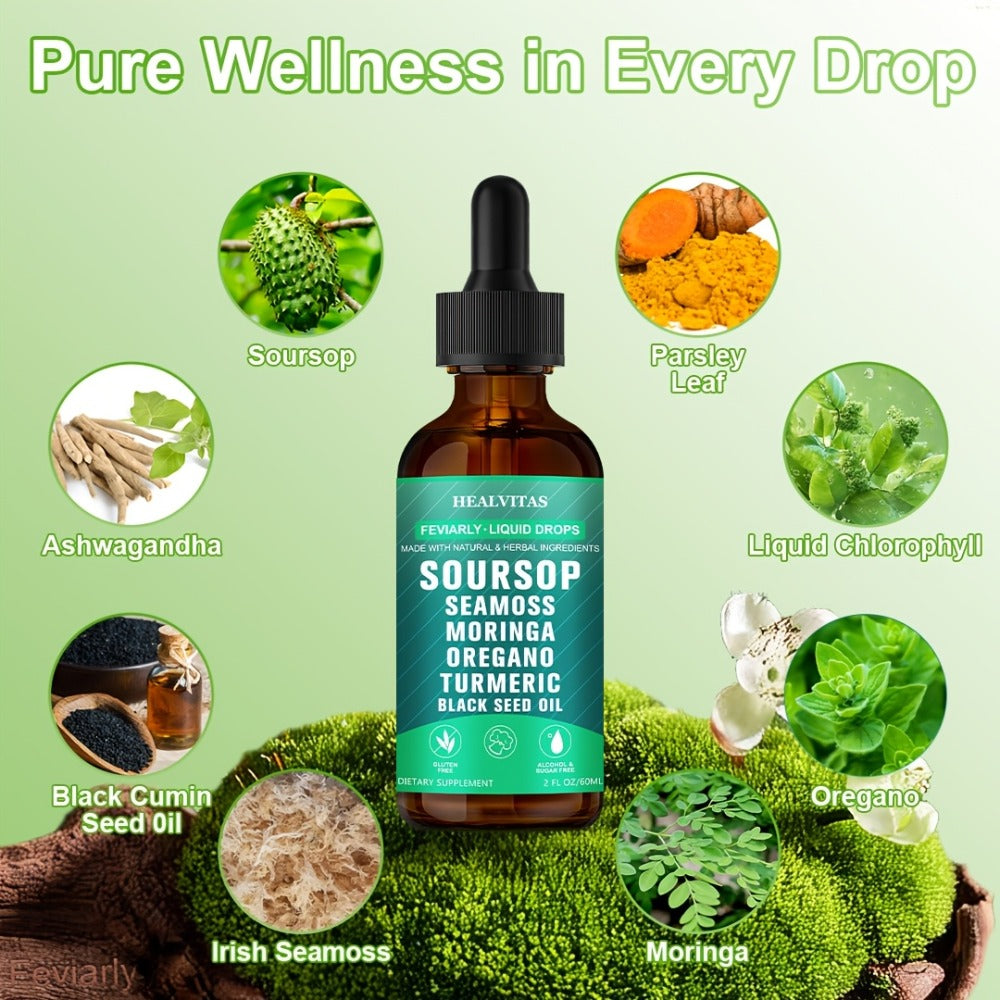 Soursop Bitters Liquid Drops 10-in-1 with Sea Moss Ashwagandha Moringa Turmeric Black Seed Oil — Plant-Based Immune & Energy Herbal Extract | Sugar-Free | 2.03 fl oz - product image 5