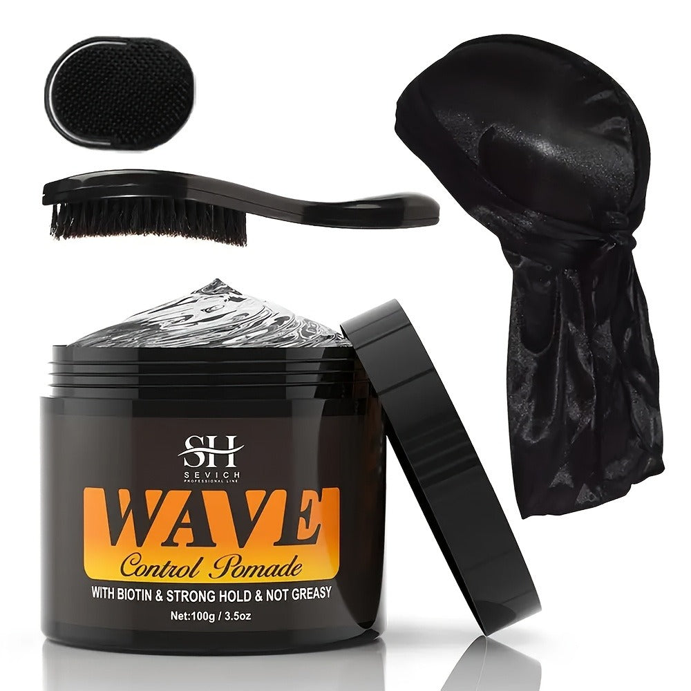 Wave Pomade Set for Men Strong Hold 360 Waves — Glycerin Formula Silky Shine, 4-Piece or 5-Piece Bundle with Silky Durag & Wave Brush, Deep Wave Pattern Hair Styling Kit, 100g - product image 3