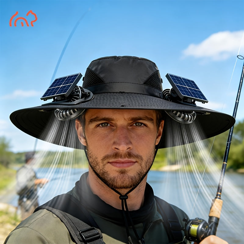 Adjustable Strap, Breathable Mesh Design, High Airflow, Long Battery Life, Ideal for Fishing Hiking Camping Gardening Outdoor Work | Solar Powered Dual Fan Sun - product image
