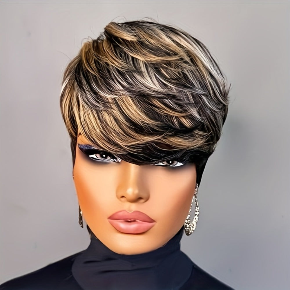 Short Pixie Cut Wig with Bangs Black Blonde Layered 4 Inch Rose Net Cap | Brown Blonde Mix Synthetic Wig for Black Women Daily Wear Office Party - product image