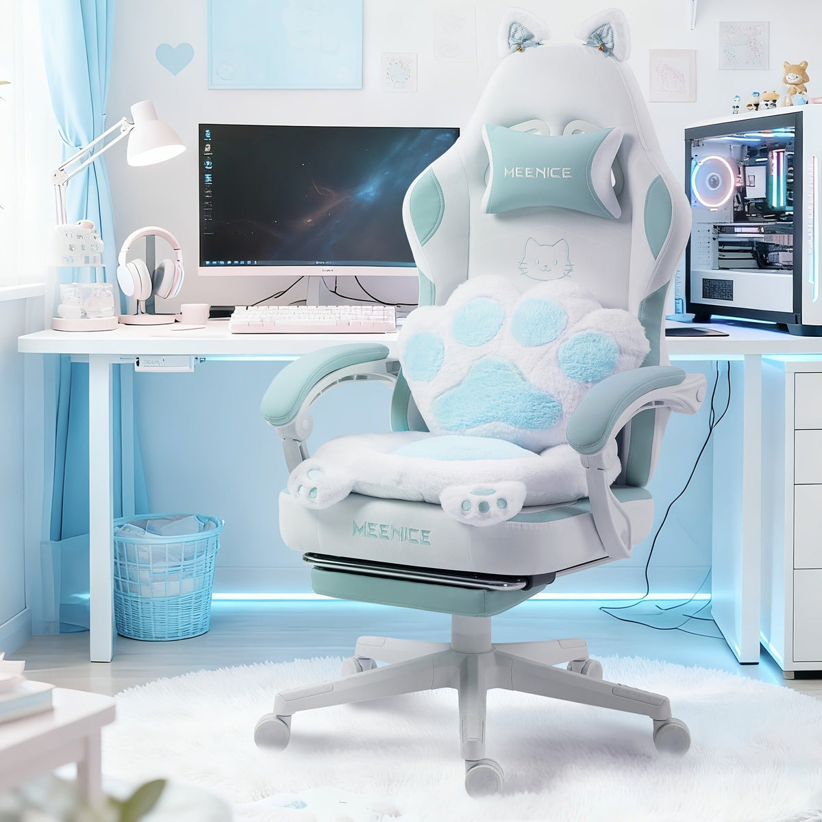 Cat Ear Gaming Chair Ergonomic Reclining Computer Chair with Footrest Paw Lumbar Cushion Wingback PC Game Chair for Girls Adults 300LBS Pink Black Blue for Barbershop & Home Grooming