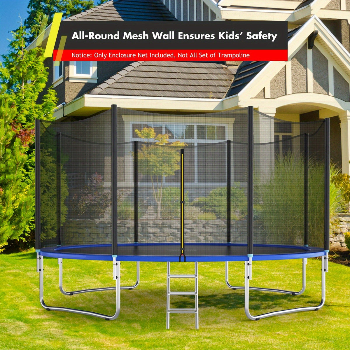 PE Enclosure Net with Zipper Door & Safety Buckles for 8 Straight Poles – Trampoline Safety Net Replacement 12FT 14FT