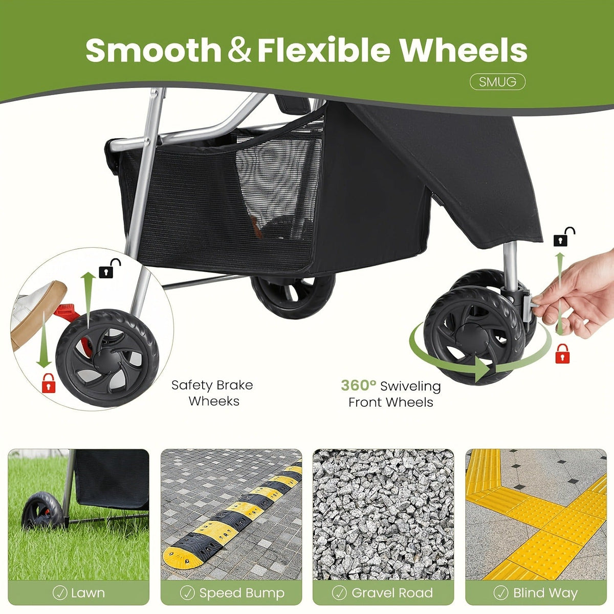 Foldable Jogger Stroller with Weather Cover, Storage Basket & Cup Holder, Breathable Mesh Window, All-Season Outdoor Walk Pram, Black | 3-Wheel Pet Stroller - product image 2