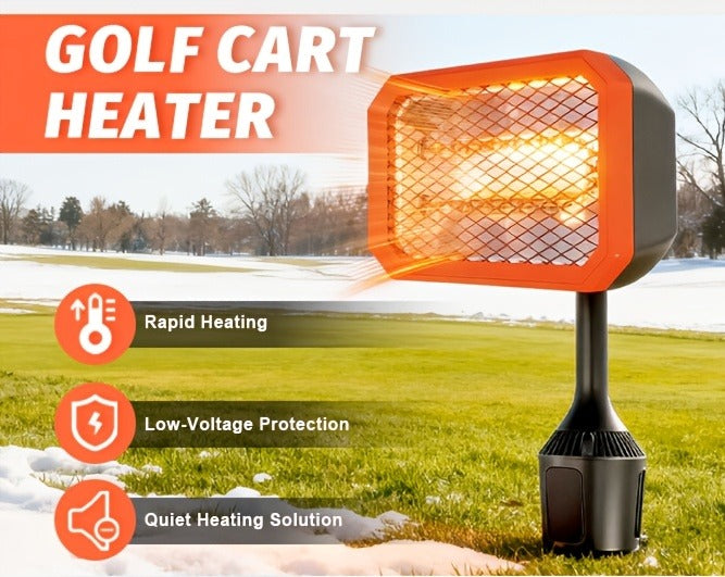 400W Electric Golf Cart Heater Carbon Fiber Fast Heating 360° Adjustable Angle Battery Powered Carry-along Heater with Cup Holder Adapter Compatible with 48V Golf Cart Systems Golf Cart Accessories