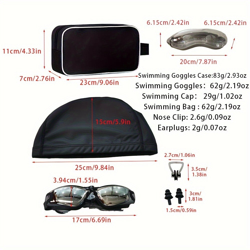 Swimming Goggles 6pcs Set with Cap Nose Clip Earplugs & Storage Bag | UV Protection Anti-Fog Adult Racing Swim Goggles Bundle, Silver-Coated Black Lens - product image 7
