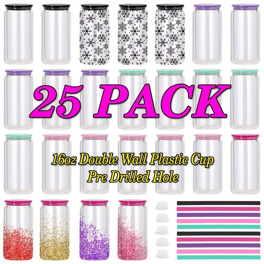 Clear Plastic Snow Globe Tumblers 16oz Double Wall Bulk Set 25 or 50 Cups Pre-Drilled Hole Colored Lid Straw for Iced Coffee Boba Soda Party DIY Customization - product image 7