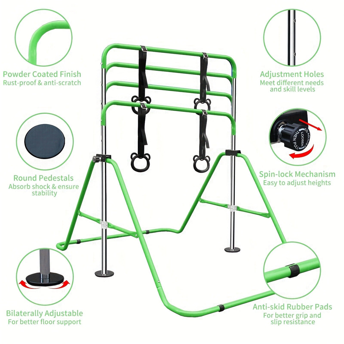 Height Adjustable Horizontal Bar for Indoor Outdoor Home Use, Strength Training & Fitness Exercise Equipment, Green & Yellow – Adjustable Gymnastics Pull-Up - product image 9