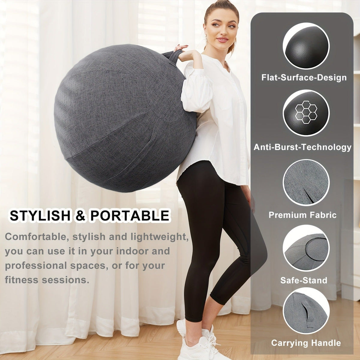 Stability Balance Ball Seat for Home Office Desk, Yoga Pilates Birthing Ball, Relieves Back Pain & Improves Posture, Grey & Black, Anti-Burst Design | Exercise Ball Chair 65cm with Fabric Cover