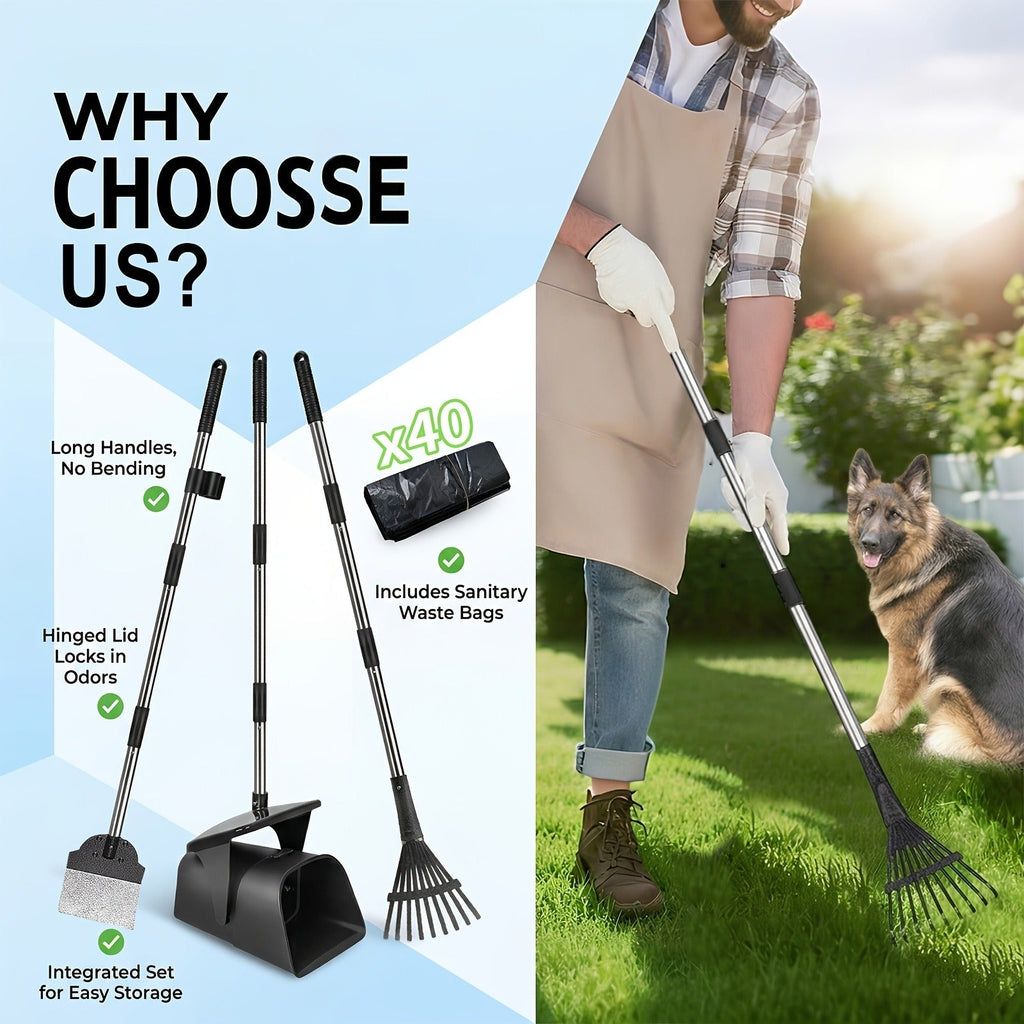Dog Pooper Scooper with Long Handle & Swivel Bin – Heavy Duty Rake Spade Set, 40 Waste Bags Included, Pet Waste Removal for Yard Grass Gravel - product image