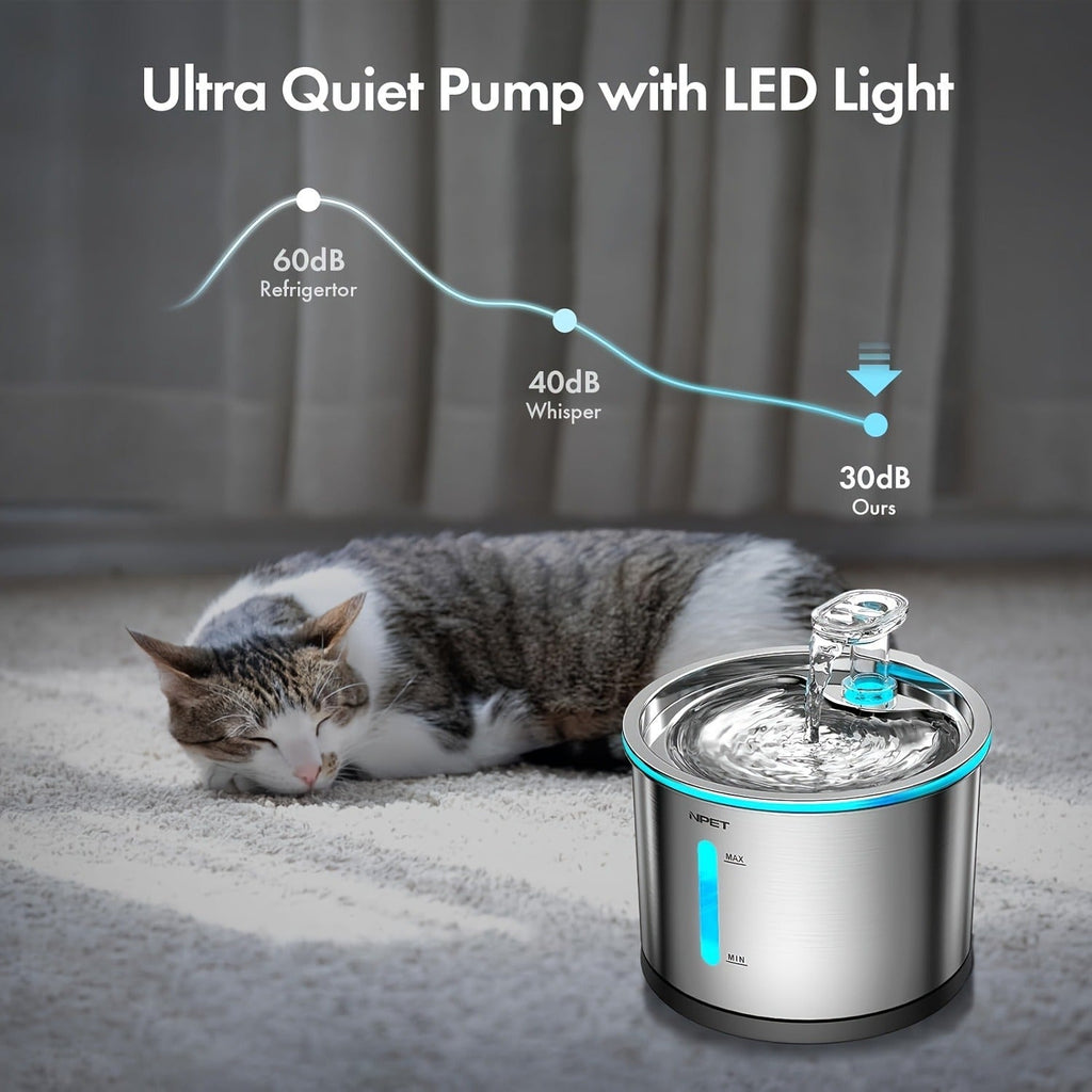 Cat Water Fountain Stainless Steel 50oz/1.5L | Ultra Quiet Auto Pet Water Dispenser with LED Light, Visible Window & Dishwasher Safe | Includes Replacement - product image 7