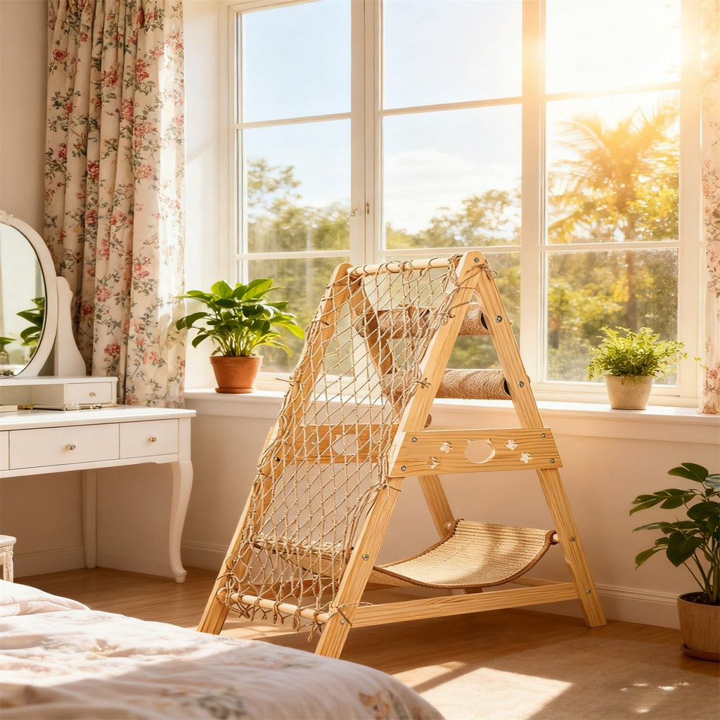 Bamboo Stable Cat Climbing Tower for Indoor Cats, Kittens & Small Cats, Space-Saving Design | Cat Tree Triangle Cat Tower with Sisal Scratching Posts, Soft - product image