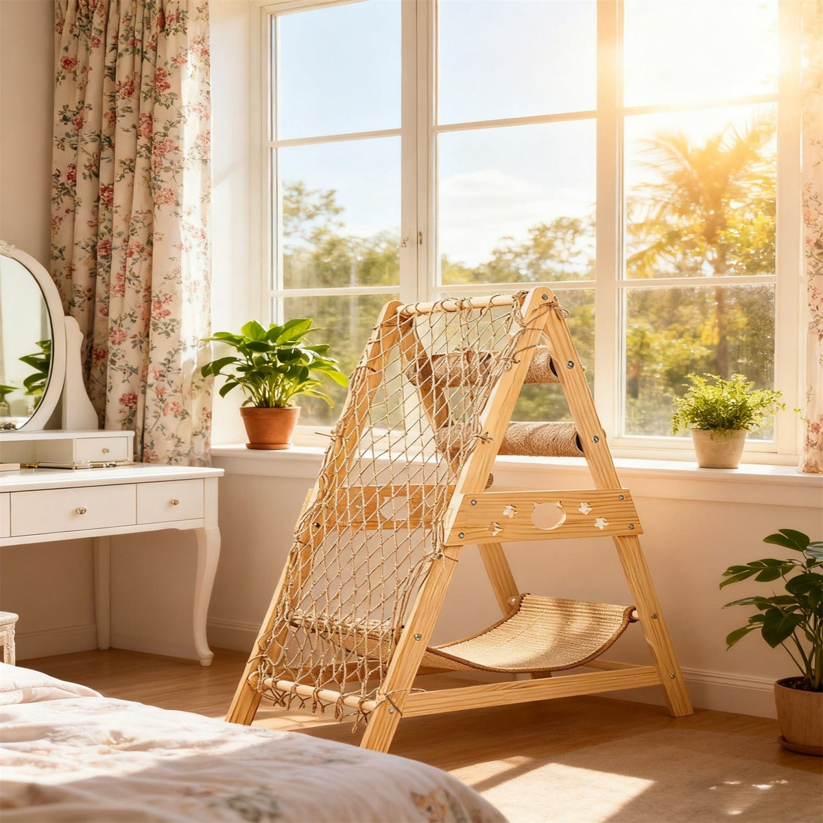 Bamboo Stable Cat Climbing Tower for Indoor Cats, Kittens & Small Cats, Space-Saving Design | Cat Tree Triangle Cat Tower with Sisal Scratching Posts, Soft - product image