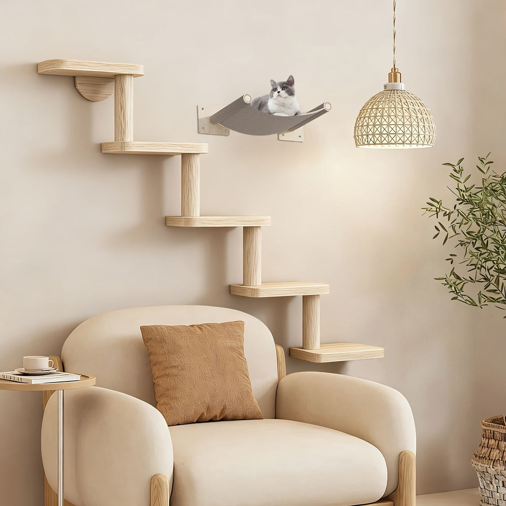 Wall-Mounted Cat Tree 5 Layers Solid Wood Indoor Cat Climbing Frame Jumping Platform Ladder Space-Saving for Small Spaces Multi-Cat Homes Living Room Bedroom - product image 6