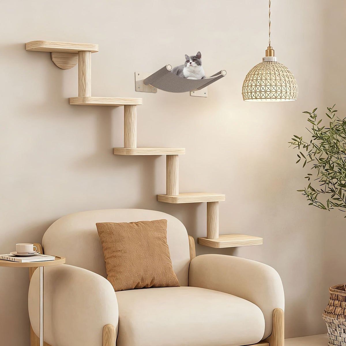 Wall-Mounted Cat Tree 5 Layers Solid Wood Indoor Cat Climbing Frame Jumping Platform Ladder Space-Saving for Small Spaces Multi-Cat Homes Living Room Bedroom - product image 6