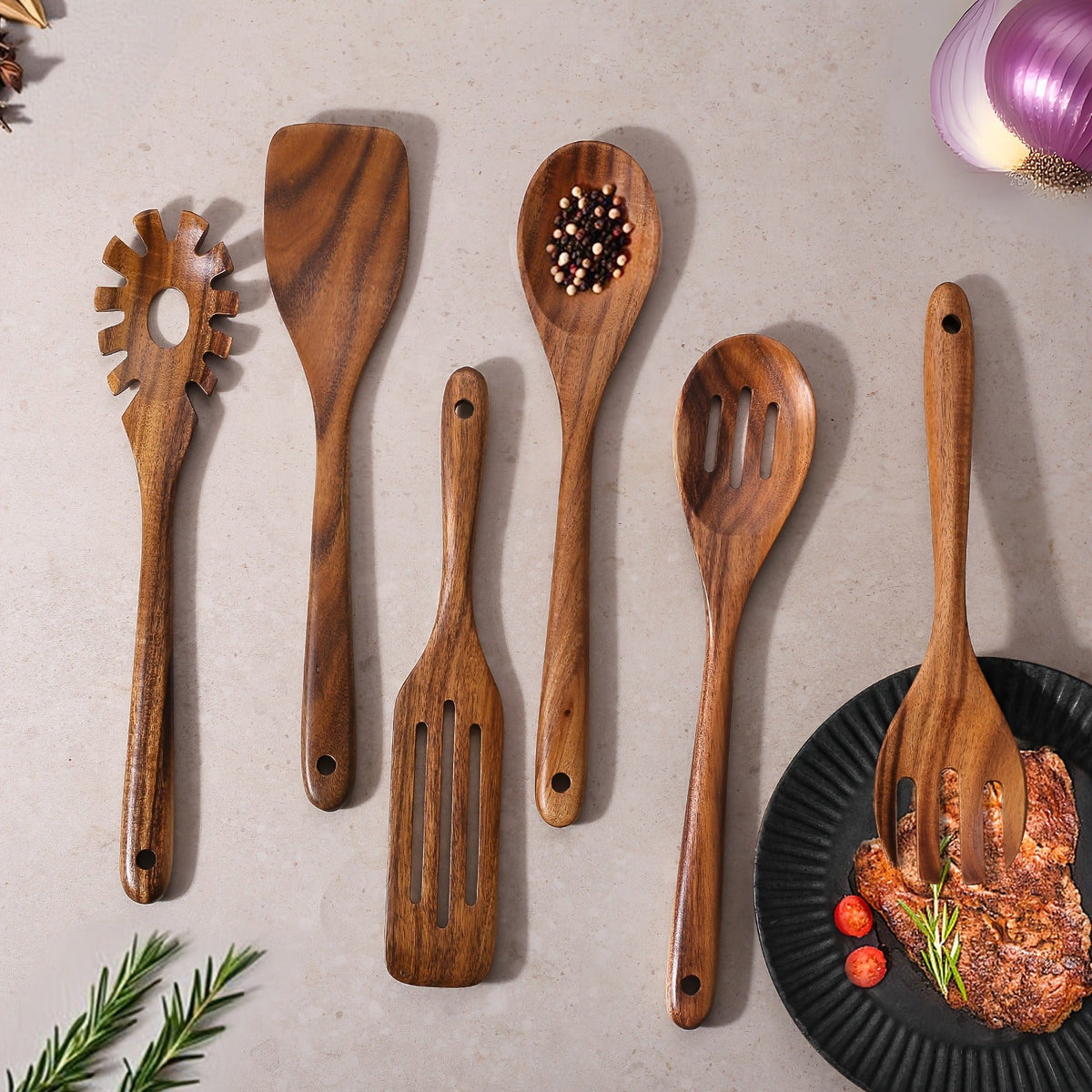 Wooden Cooking Utensils Set 6 Piece – Teak Wood Non-Stick Kitchen Tools with Comfortable Grip – Sturdy, Lightweight & Heat-Resistant Utensils for Indoor & Outdoor Cooking