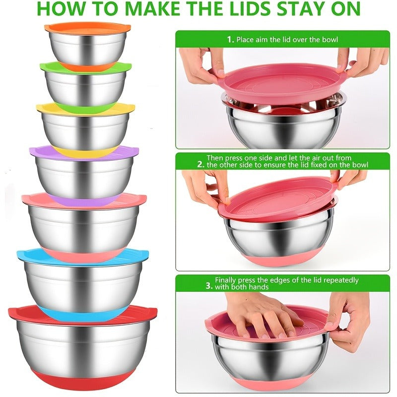Stainless Steel Mixing Bowls Set with Airtight Lids 7 Piece | Dishwasher Safe Kitchen Bowls for Cooking Baking Camping Travel | Stackable Nesting Bowls with Measuring Spoons Whisk Spatula Tongs Basting Brush