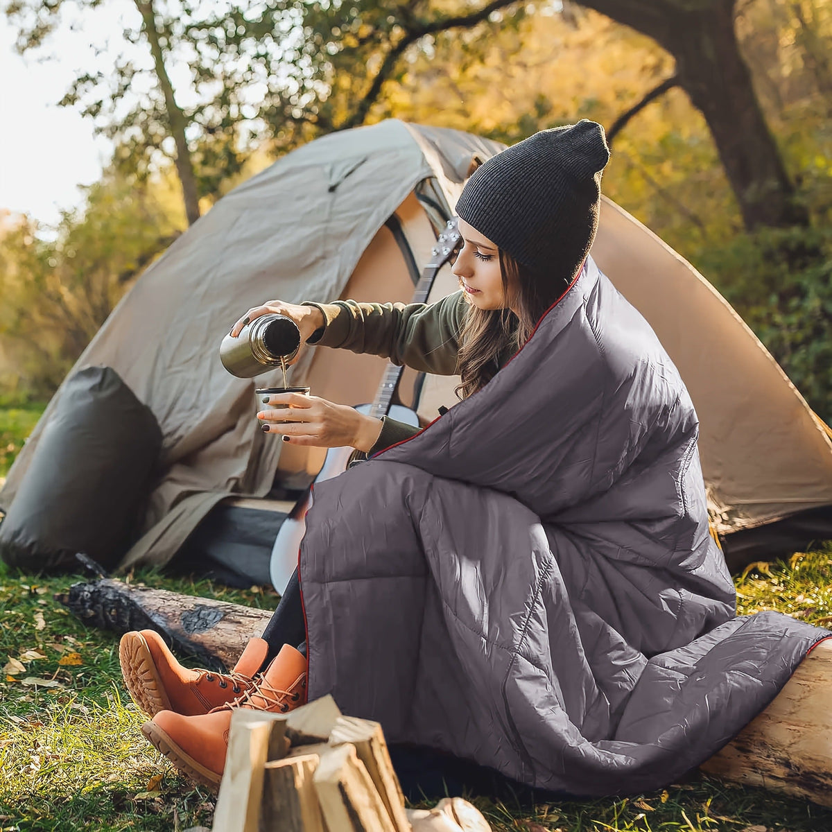 Puffy Camping Blanket Foldable Lightweight Water Resistant with 3D Eye Mask – DWR Coated Outdoor Blanket for Camping, Hiking, Travel, Beach, Stadium & Car, Warm Packable Throw in 4 Colors, 55" x 78"