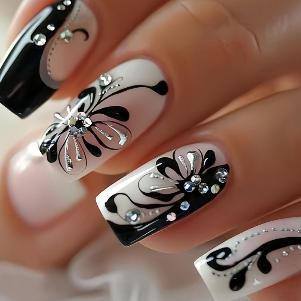Matte Press On Nails 48 Pieces Black White Square – French Tip Butterfly Pattern Full Cover Detachable False Nails for Women | Elegant Nail Art Gift Set for Valentines Day Holiday  - product image
