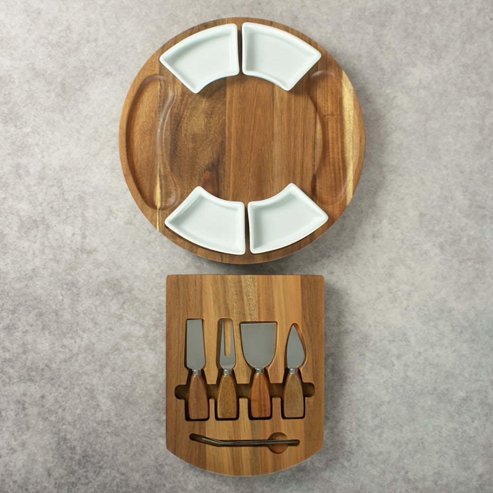 Acacia Wood Charcuterie Board Set Circular Cheese Board with Drawer Knife Set & Ceramic Bowls | Premium Serving Platter Gift Set for Housewarming Bridal Shower Wedding Birthday Wom - product image 3