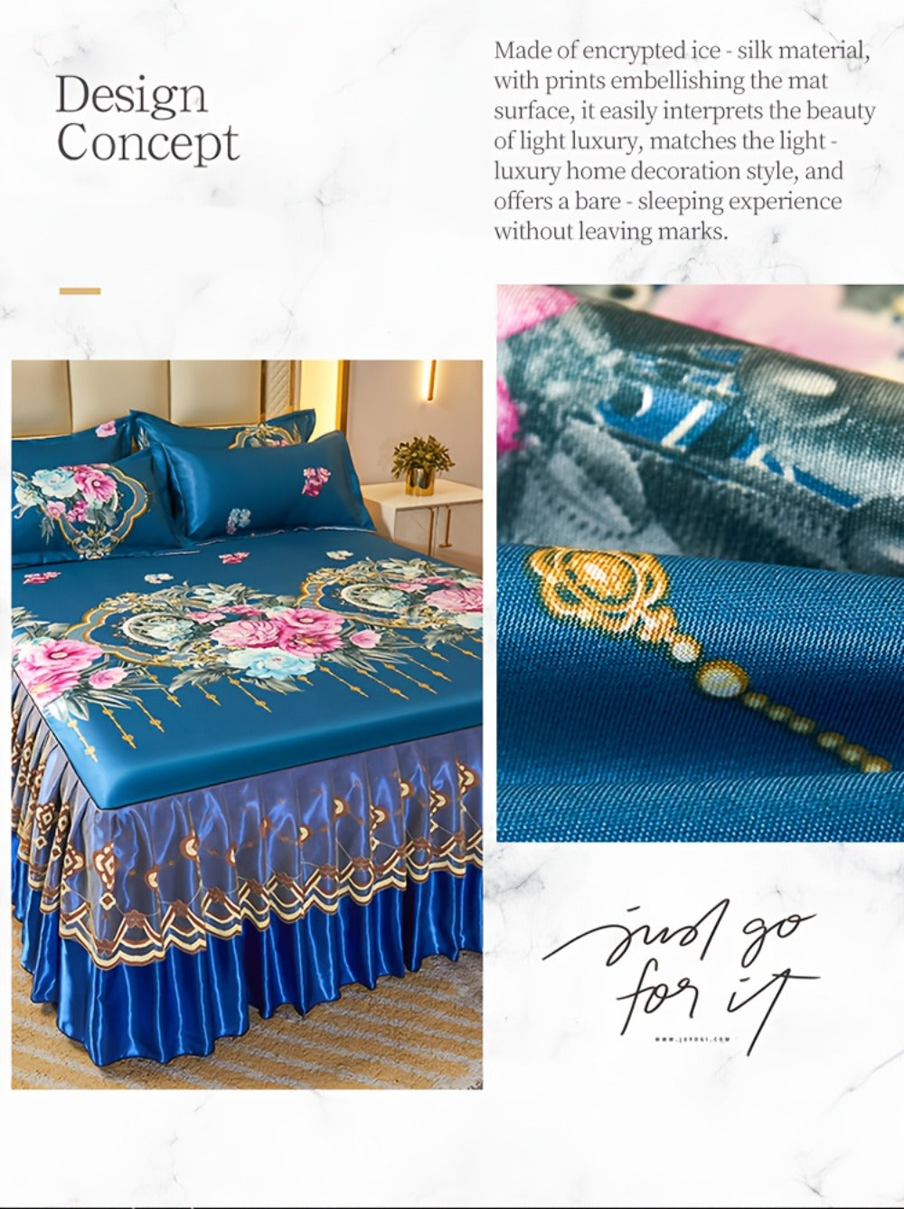 Floral Ruffle Bed Skirt Cool Mat 3 Piece Set with Pillowcase, Double Layer 360° Full Wrap Washable Cooling Mattress Cover, Breathable Summer Bedding Set for Twin Full Queen King, P - product image 21