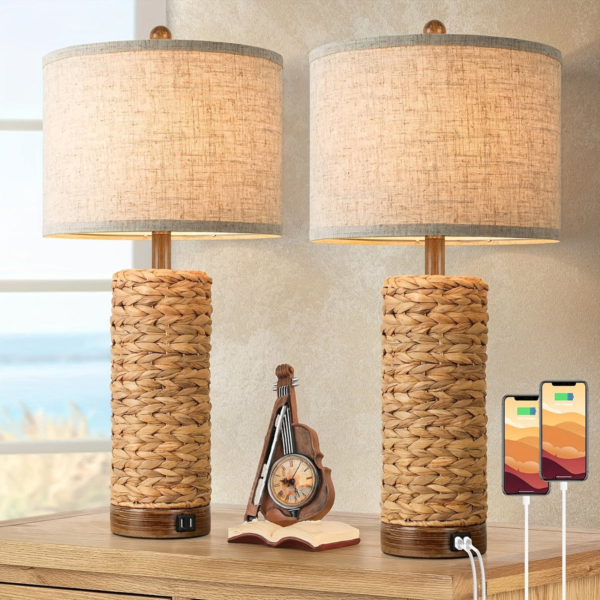Rattan Table Lamp Set of 2 with USB Ports - 27 Inch Tall Woven Seagrass Bedside Nightstand Lamps for Living Room Bedroom End Table, Coastal Farmhouse Rustic Decor, E26 Socket Rotar - product image 8