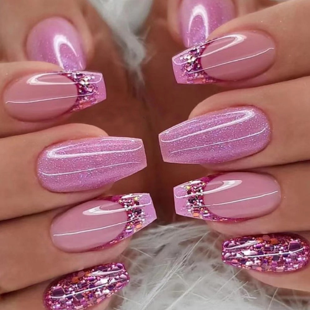 Glitter Sequin Press On Nails 120pcs Coffin Medium Length 5 Packs – Sparkling Pinkish Purple Glossy Full Cover False Nails | Glamorous Nail Art Kit for Women | Party Wedding Bridal - product image 2