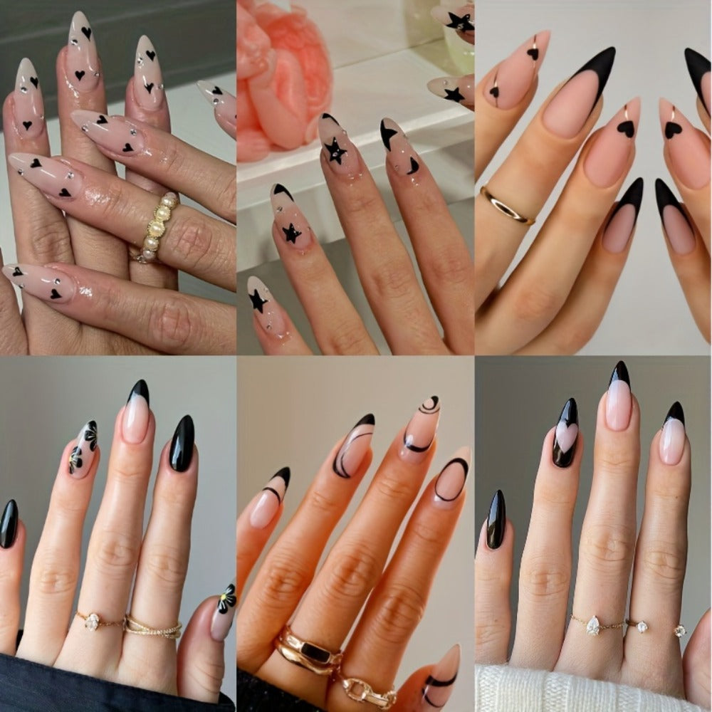 Short Almond Press On Nails 144 Pieces with Glue Pink Flower Rhinestone Black French Tip Full Cover Fake Nails Cute Nail Art Kit for Women Girls Daily Wear Party Wedding Date Night - product image
