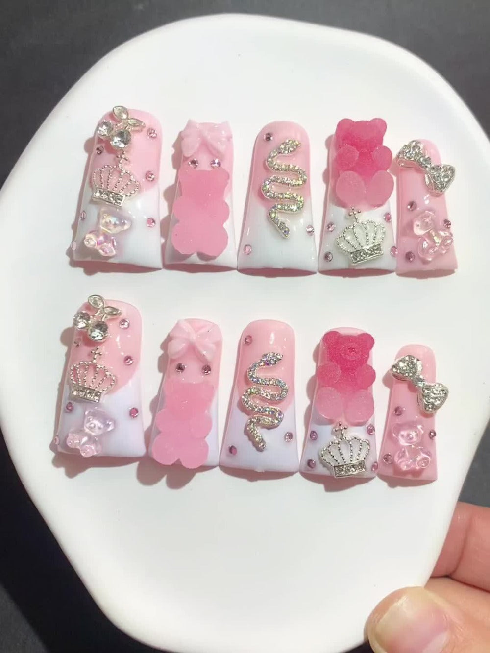 French Tip Press On Nails 10pcs Long Duckbill Pink White Glitter AB Glass Rhinestone – Cute Sugar Bear Cartoon Handmade Wearable False Nails for Wedding, Party, Back to School, Gif - product image 10