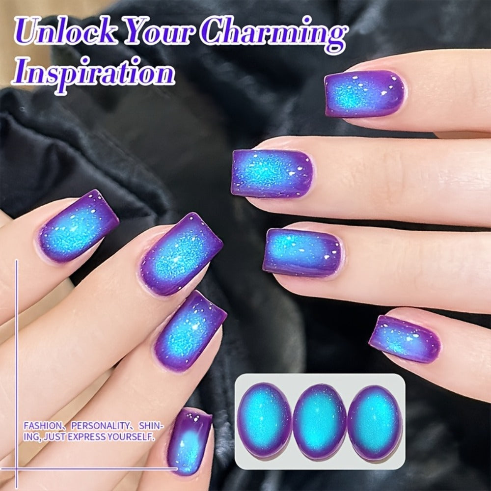 Cat Eye Magnetic Gel Nail Polish 10ml - Blueberry Glitter Purple Blue Glass Bead Sparkling Effect, UV LED Semi-Permanent Gel Varnish with Magnetic Stick, DIY Salon Nail Art - product image 2
