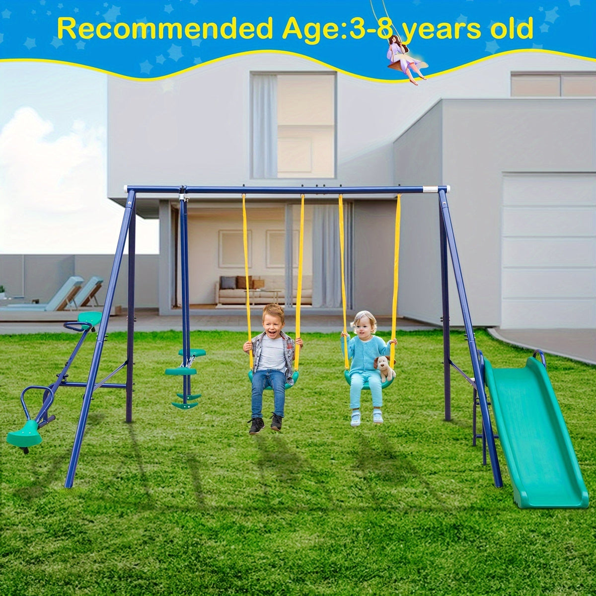Heavy Duty A-Frame Metal Swing Set for Backyard with 2 Swings Slide Glider Seesaw Disc Seat Outdoor Playset for Kids Toddlers Backyard Play Structure - product image 4