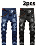 2pcs Men's Slim Fit Distressed Ripped Jeans | Classic Stretch Denim Pants, Trendy Casual Versatile Outfits | for all seson gift for men - product image