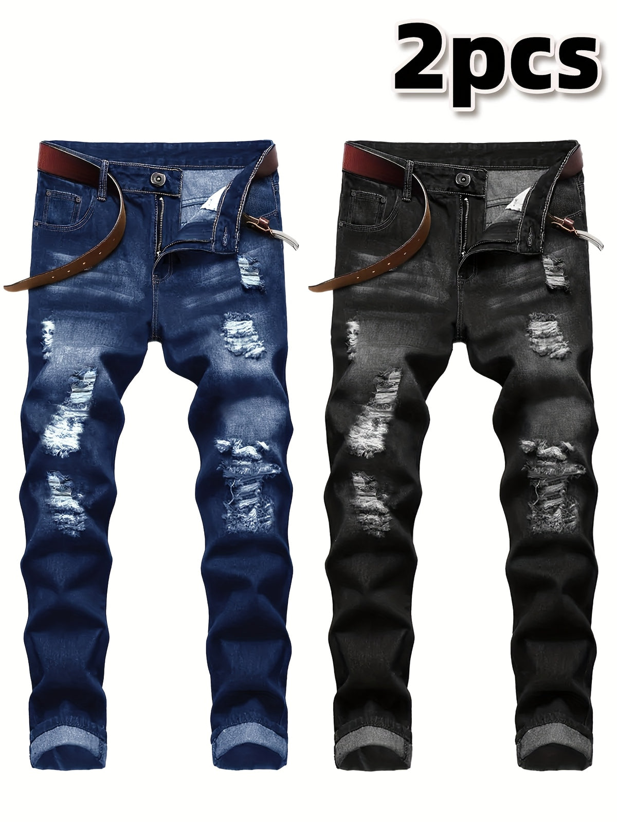 2pcs Men's Slim Fit Distressed Ripped Jeans | Classic Stretch Denim Pants, Trendy Casual Versatile Outfits | for all seson gift for men - product image