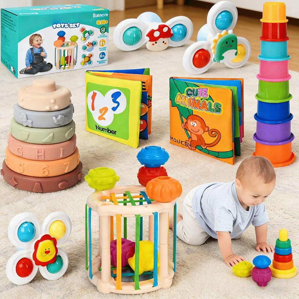 Hand-Eye Coordination & Fine Motor Skills Activity Kit with Soft Cloth Book, Spinning Top & Stacking Cups, Birthday Easter Baby Shower Gift – Sensory Stacking Toy Set 3-in-1 for Toddlers & Babies