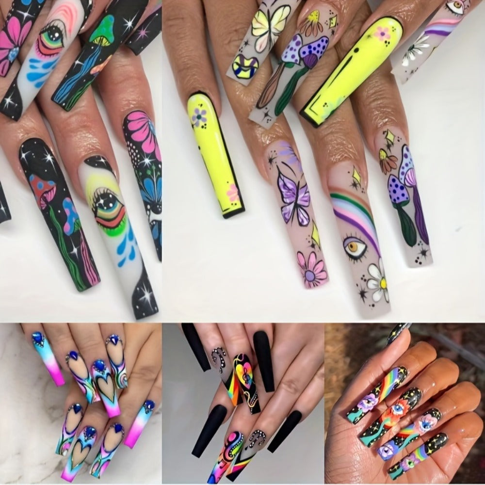 Press On Nails Set 120pcs 5 Boxes Extra Long Cosmic Eyes Crystal Rhinestones Matte Colorful Stripes Floral Glue-On Wearable Nail Art Variety Pack Festive Gift for Women Teens Party - product image 2