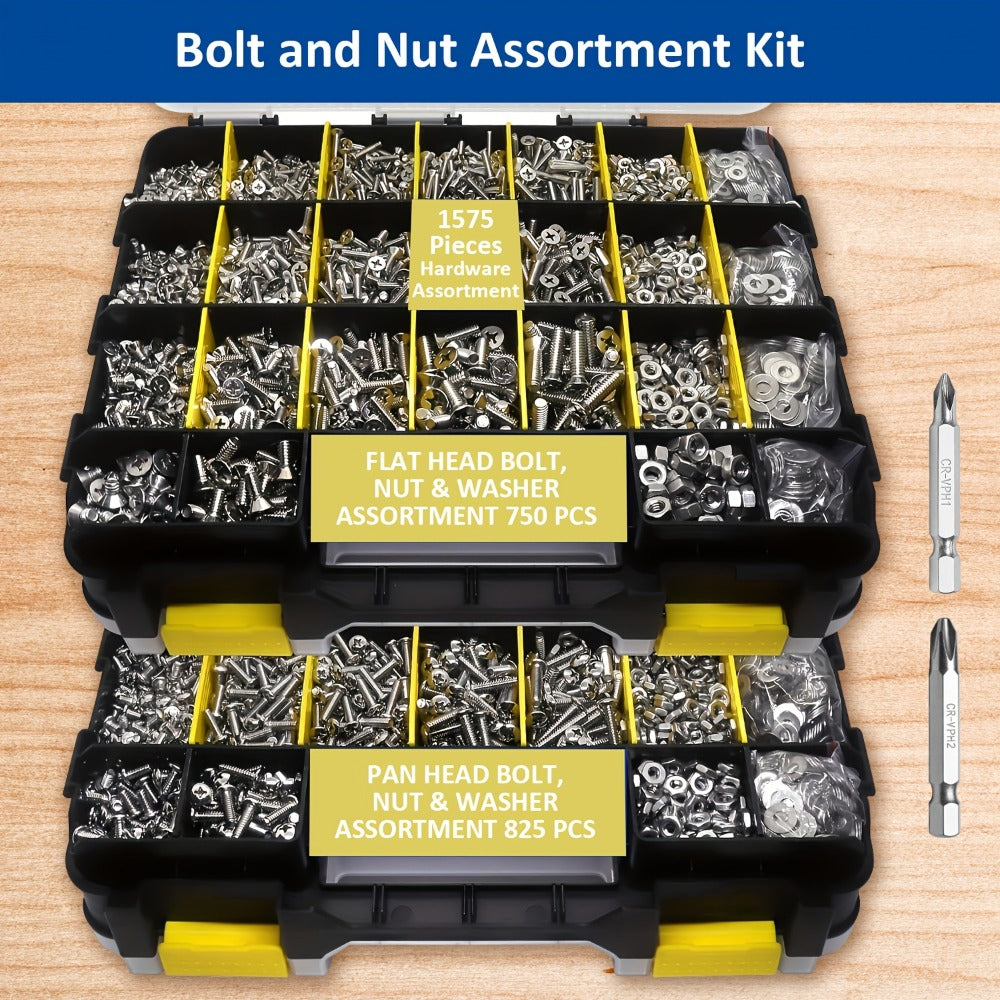 1575pcs 304 Stainless Steel Nuts and Bolts Assortment Kit – Pan Head Flat Head Screws Nuts Washers with Double-Sided Storage Box for Home & Mechanical Repairs - product image 16