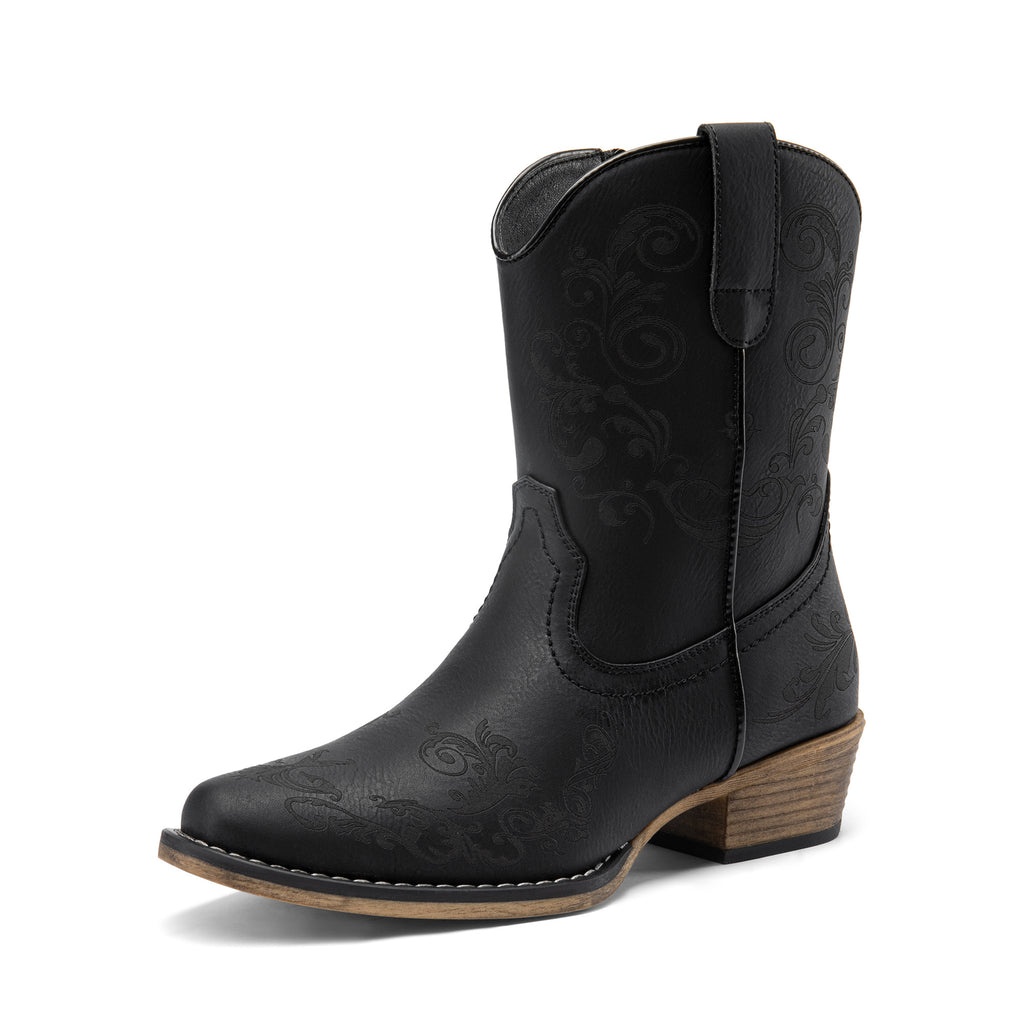 Women's Western Cowgirl Boots - Low Chunky Heel Square Toe Ankle Booties with French Heel & TPR Sole, Retro Round/for - Cowboy Boots for Ranch, Festival, Casual Wear (Zipper Closure), Women Shoes
