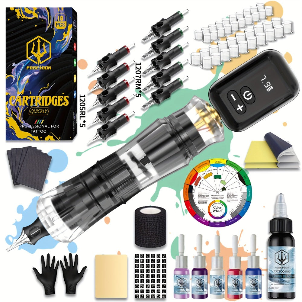 Rotary Tattoo Machine Kit Complete Set with 1400mAh Wireless Battery Digital Display 10 Cartridge Needles 6 Inks Practice Skin for Beginners & Professional Artists - product image