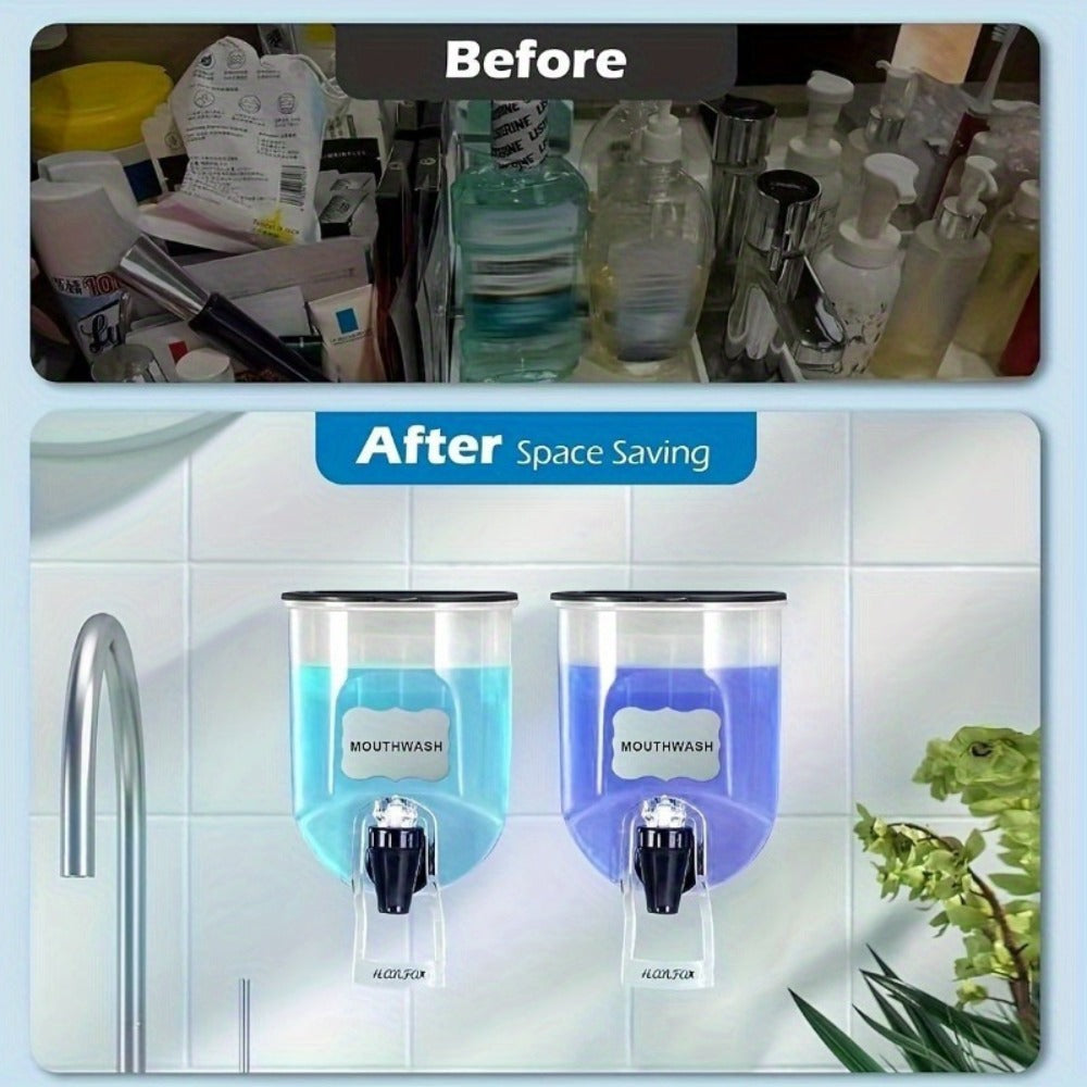 Mouthwash Dispenser Wall Mounted 2-Pack 21 oz Plastic Container - No Electricity Required, Space Saving Bathroom Organizer for Countertop Storage, Durable Refillable Liquid Soap &  - product image 9