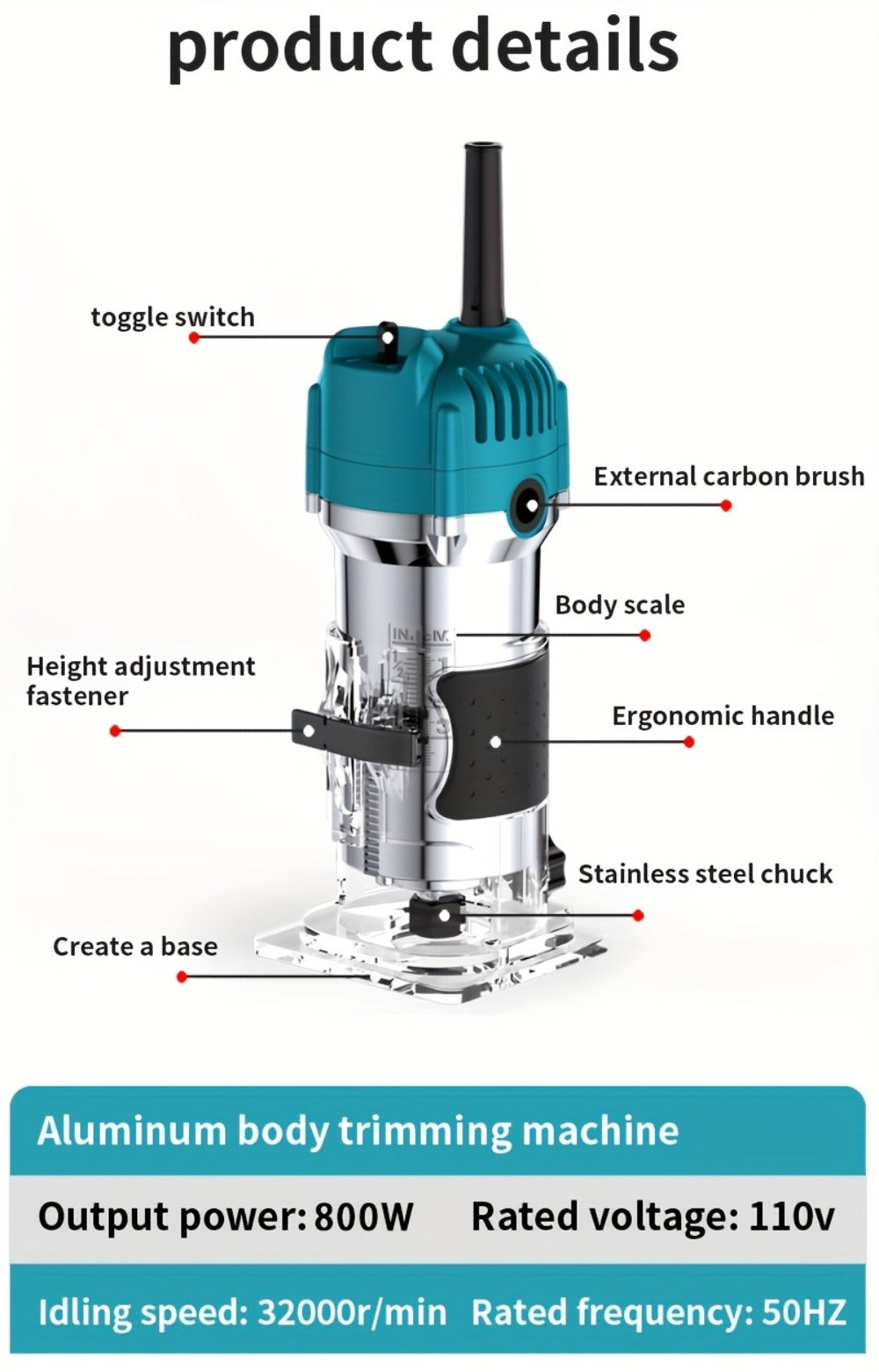Wood Router 800W Trim Router for Woodworking - 35000RPM Electric Router with Edge Guide, Roller Guide, 6-Speed Adjustment for Precise Trimming, Profiling & Milling - product image 25