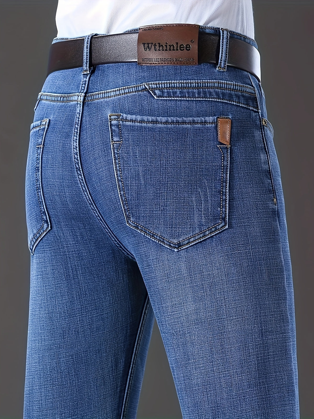 Men's High-Waisted Straight-Leg Winter Jeans - Thickened -Lined Warmth, Washed Denim Texture, Solid Blue Casual Pants for Cold Weather, Cold Weather Apparel - product image 11
